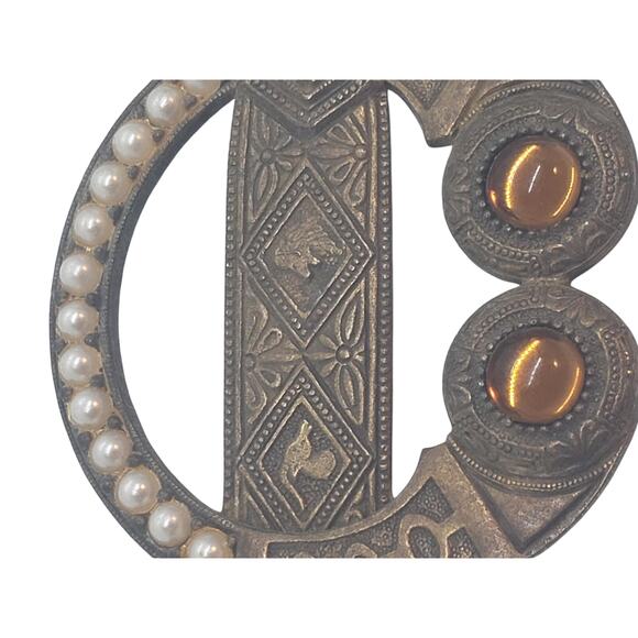 Vintage Victorian Revival Brass Brooch Faux Pearl Amber Glass Cabochons Celtic - Picture 6 of 11